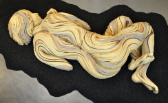 Each and Every Slumber Large than life sized sleeping figure with bristlecone pine inspired textures. White stoneware and underglazes.