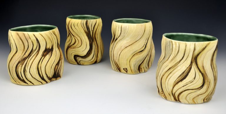 Pottery with textures inspired by the ancient bristlecone pine trees. Porcelain, underglazes, glazes