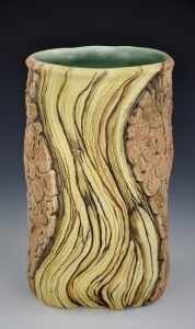 Pottery with textures inspired by the ancient bristlecone pine trees. Porcelain, underglazes, glazes
