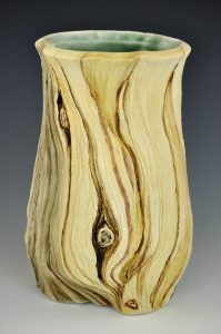 Pottery with textures inspired by the ancient bristlecone pine trees. Porcelain, underglazes, glazes